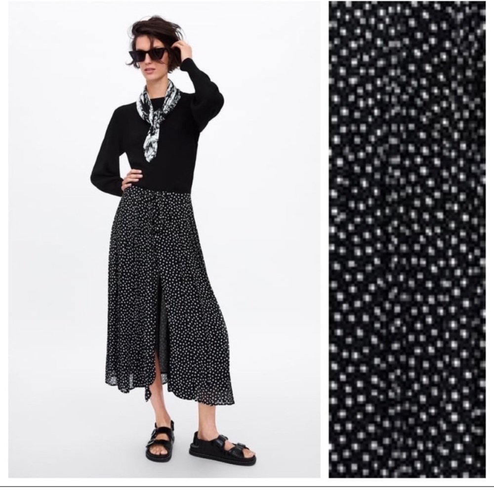 {Zara} Black & White Polka Dot Buttoned Midi Skirt ~ Size XS
